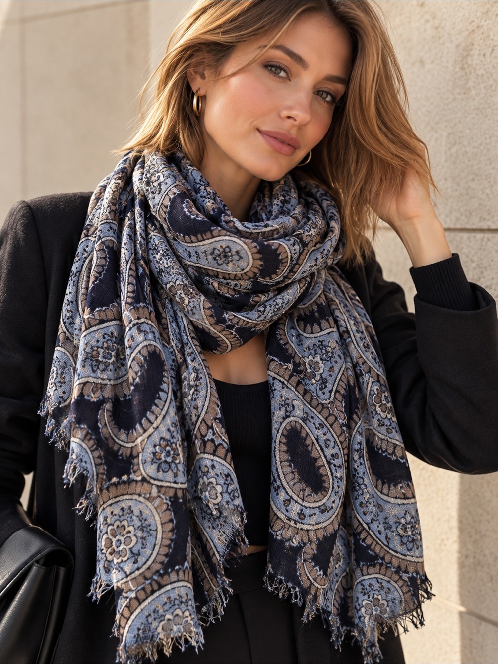 Massimo Dutti Blue Paisley Print Lightweight Scarf Wrap